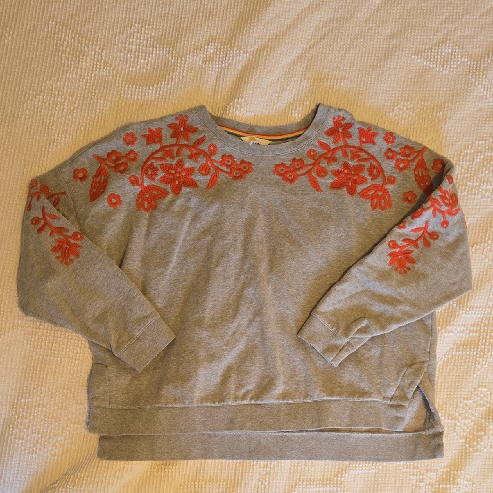 Boden Gray Sweater with Red Floral Embroidery